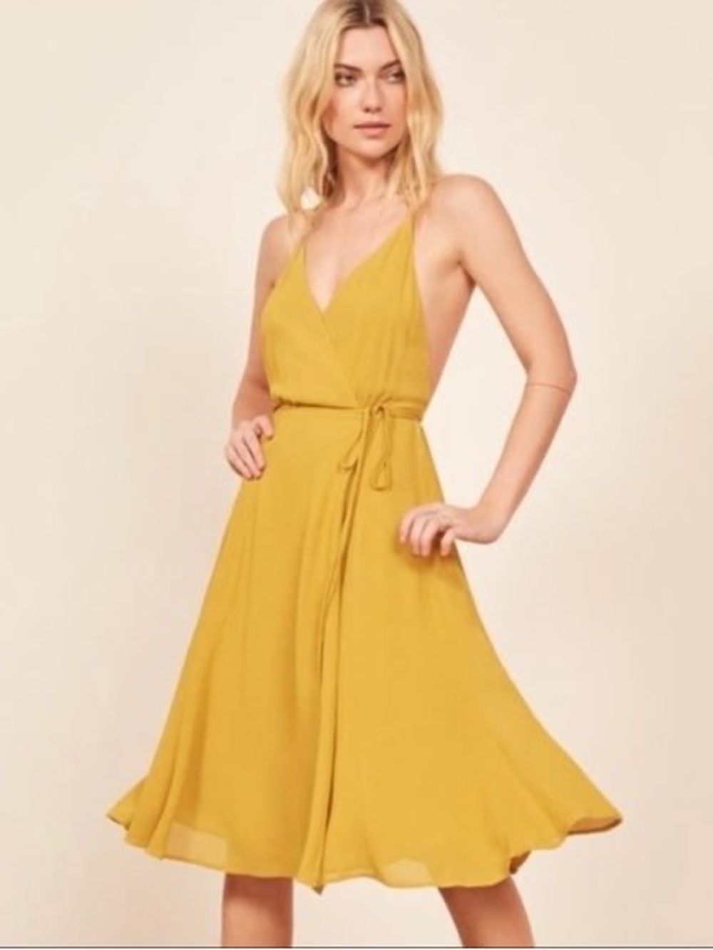 Reformation Tropics Wrap Midi Dress in Sunflower